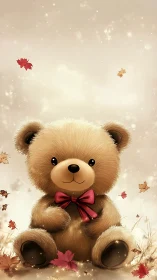 Cute teddy bear sits amid falling autumn leaves softly