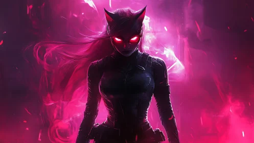 Armored feline-helmeted figure stands in pink neon haze
