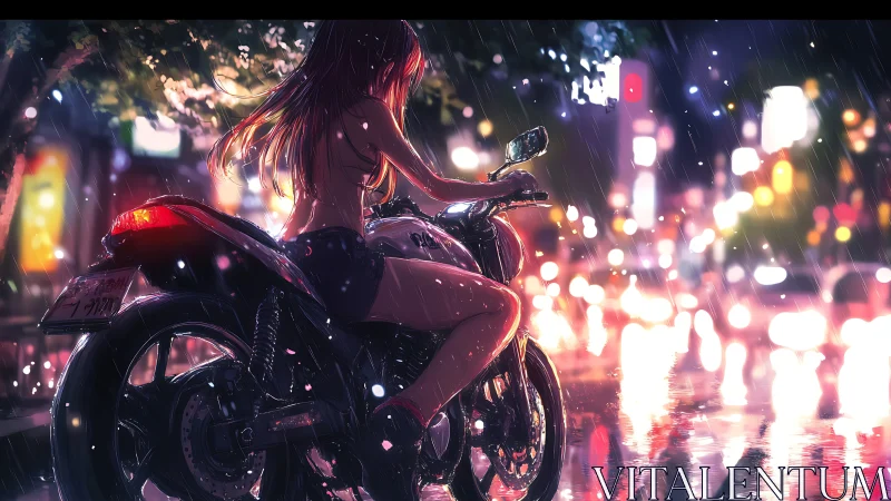 Neon rain city rider in cinematic anime nightscape composition.