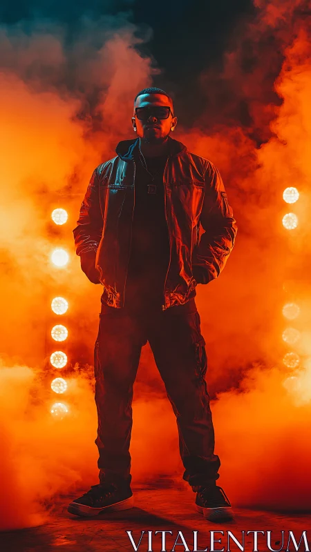 Moody full-length portrait in vivid orange stage haze.