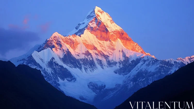 Snow peak glows under warm sunset light against blue sky