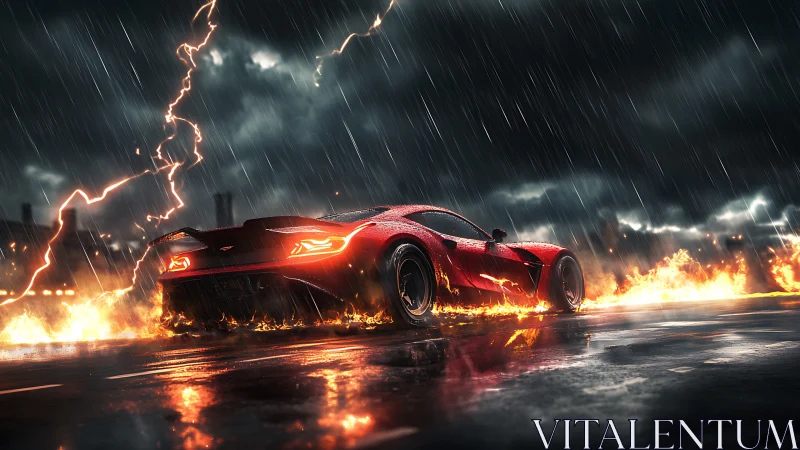 Red supercar races through fire on wet stormy highway.