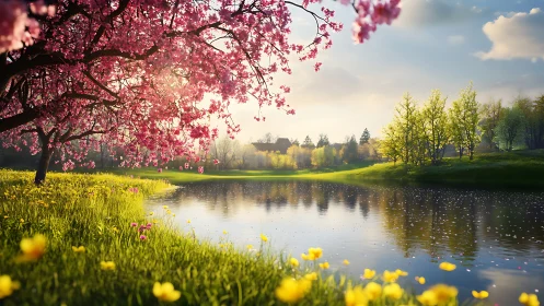 Calm spring lake with pink blossom tree and soft sunlight.