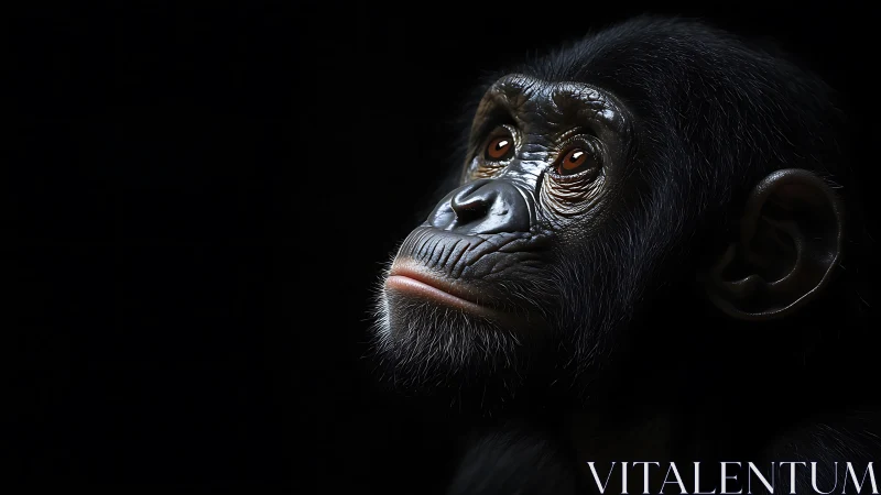 Side profile of young chimpanzee against dark black background.