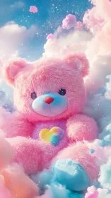 Pink plush teddy bear rests in pastel fantasy cloudscape