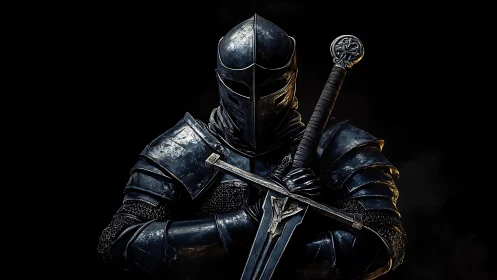 Armored knight in dark plate armor holding a longsword.
