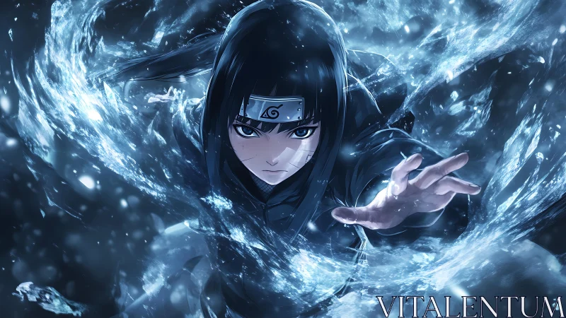 Intense anime ninja controls swirling blue water energy.