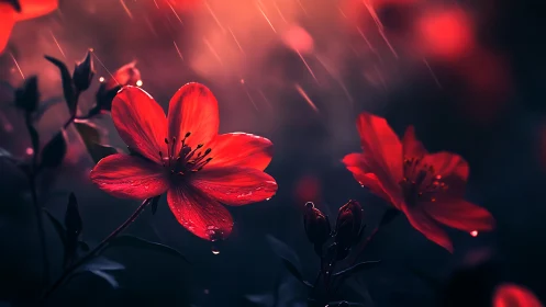 Rain-Soaked Red Flowers Glowing Against Dark Atmospheric Background