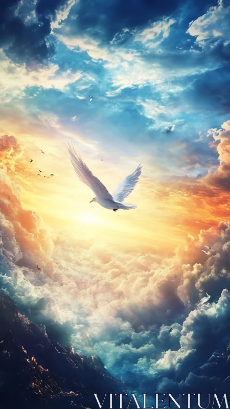 White bird in illuminated clouds under dramatic sky.