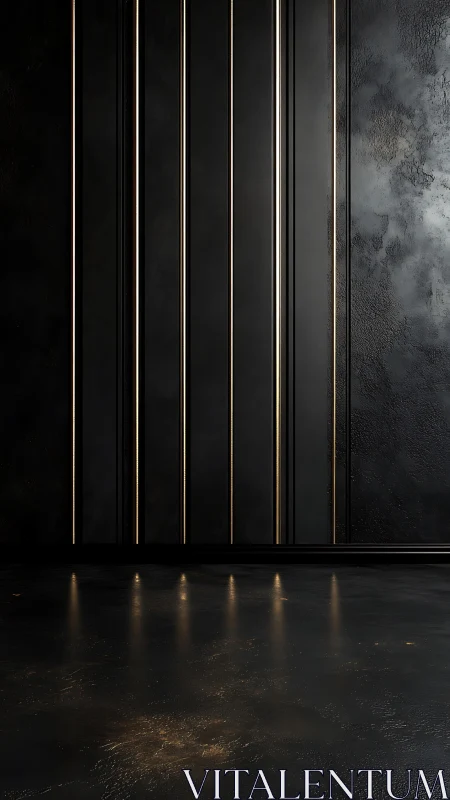 Minimalist black interior with vertical gold panel detailing.