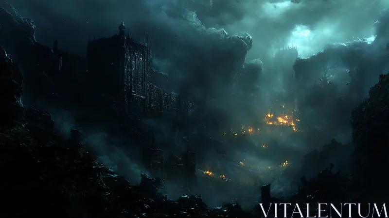 Burning dark fortress looms over stormlit abyssal valley