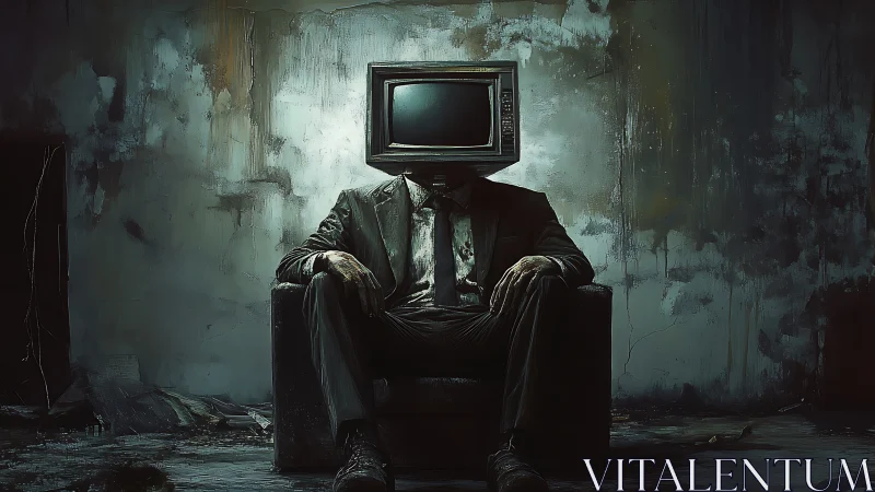 CRT-headed figure in decayed interior, analog identity study.