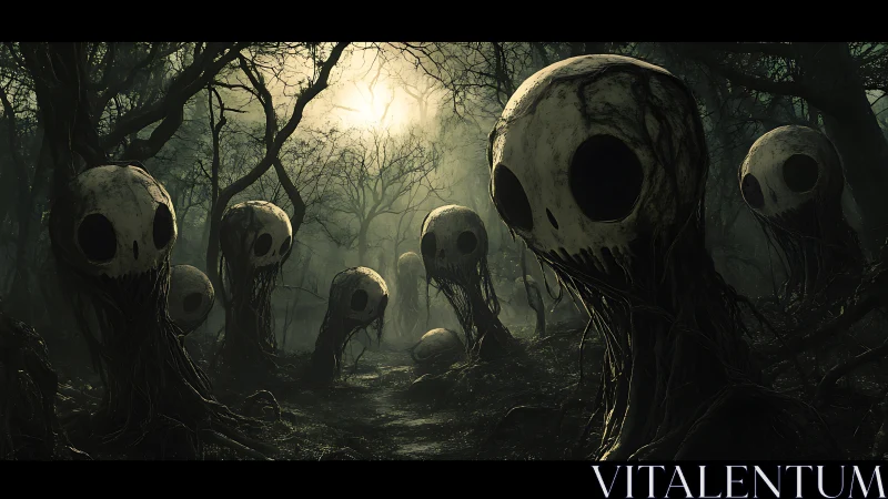 Rooted skull-watchers haunt a moon-stained forest hush.