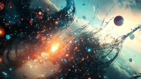 Cosmic tides of light erupt across a luminous nebula sky