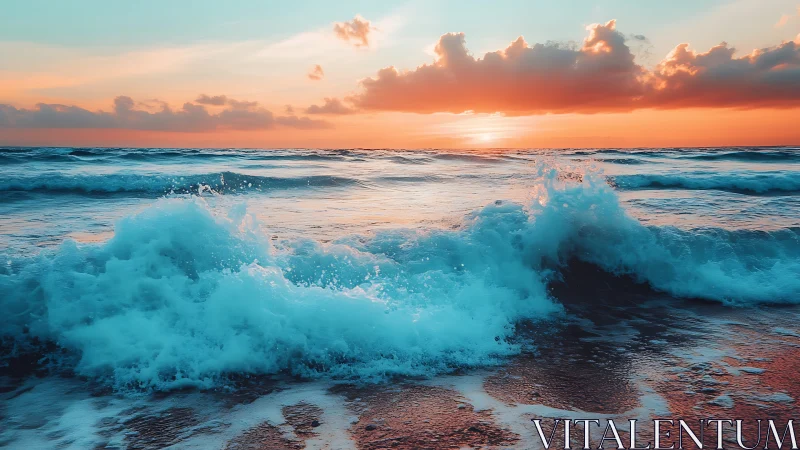 Breaking turquoise waves move toward shore at vivid sunset