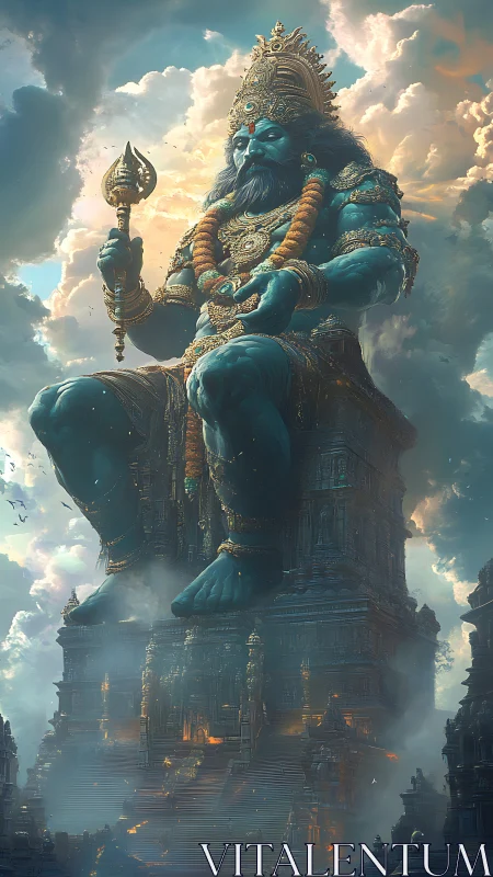 Sky-borne blue titan thrones upon a living temple fortress.