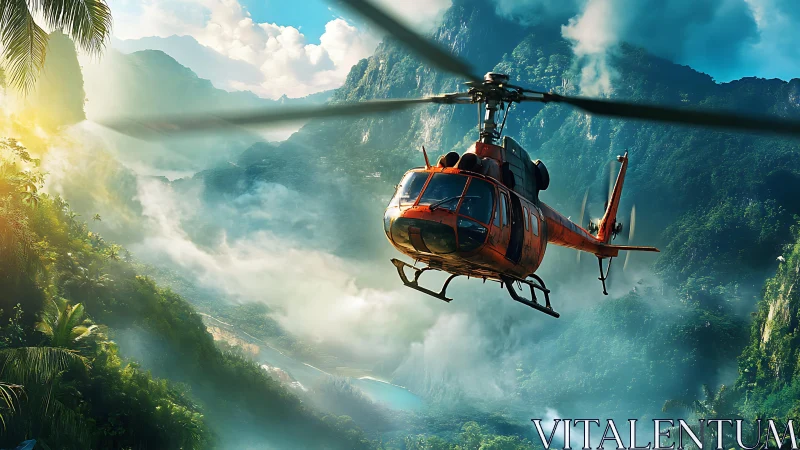 Cinematic 3D helicopter flyover in misted tropical canyonscape.