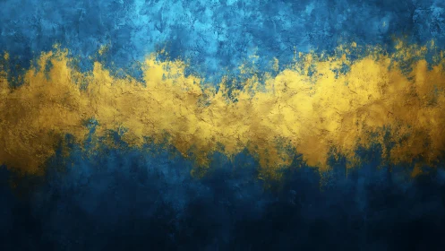 Abstract blue and gold textured painting with bold central stripe.