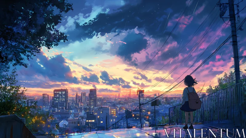 Dusk-washed city hums softly while one quiet dreamer lingers