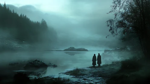 Fogbound lakeshore with two cloaked silhouettes at dawn