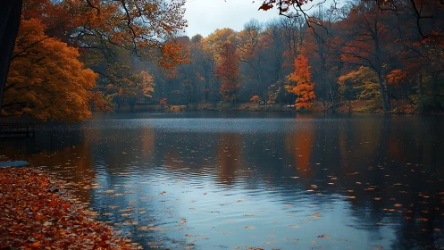 Calm forest lake reflects dense autumn foliage in soft light