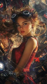Steampunk engineer girl in red dress amid glowing machinery