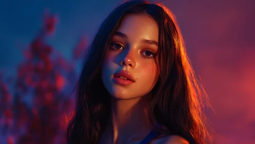 Digital portrait of young woman in vivid sunset lighting.