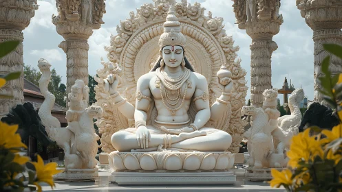Serene white Shiva statue sits amid ornate temple pillars.