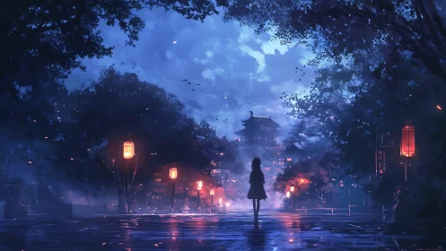 Solitary silhouette on lantern-lit temple avenue at dusk.