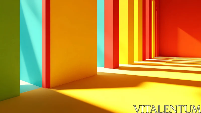 Sunlit geometric hallway glows with bold primary color planes