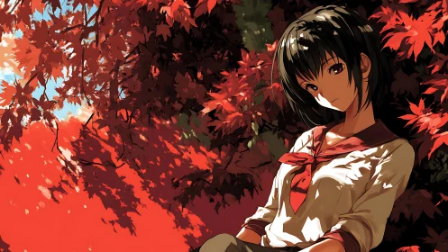 Autumn-lit schoolgirl resting beneath vivid crimson maple canopy.