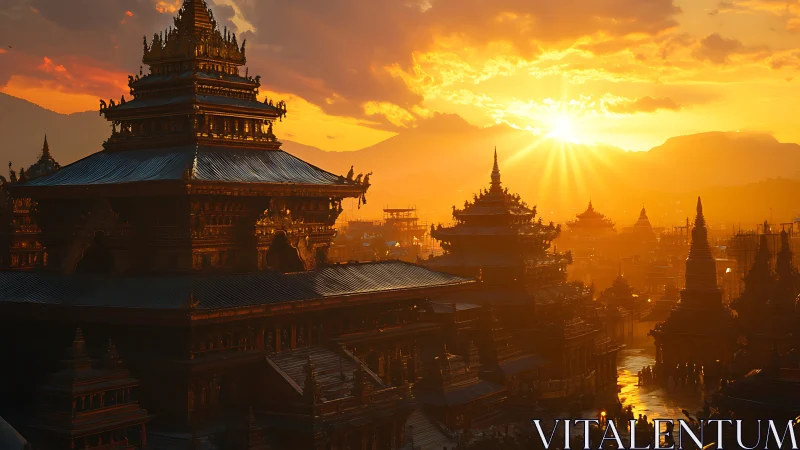Golden temple city skyline glows under dramatic sunset light
