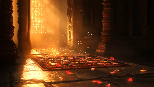 Sunlit petals drift across a temple carpet of quiet fire