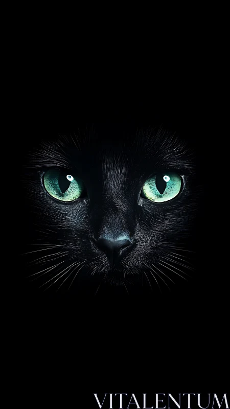 Black Feline with Bioluminescent Emerald Eyes Isolated Against Dark Background