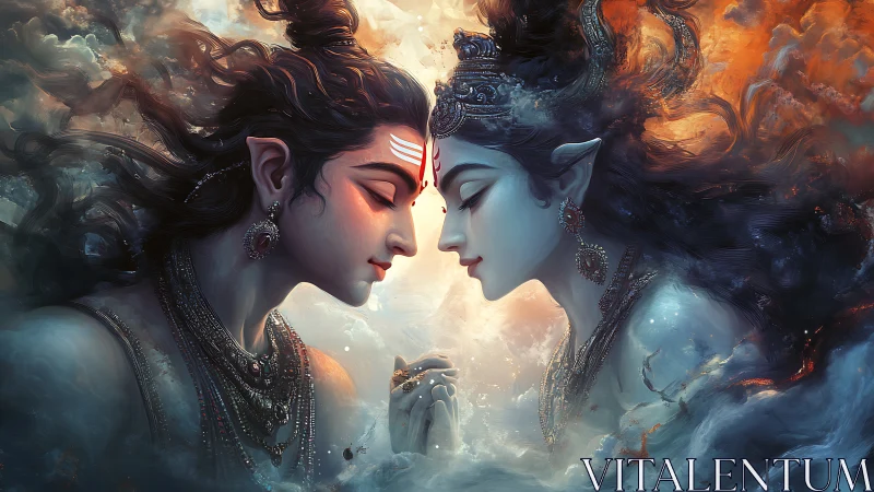 Divine twin spirits merging in swirling cosmic devotion.