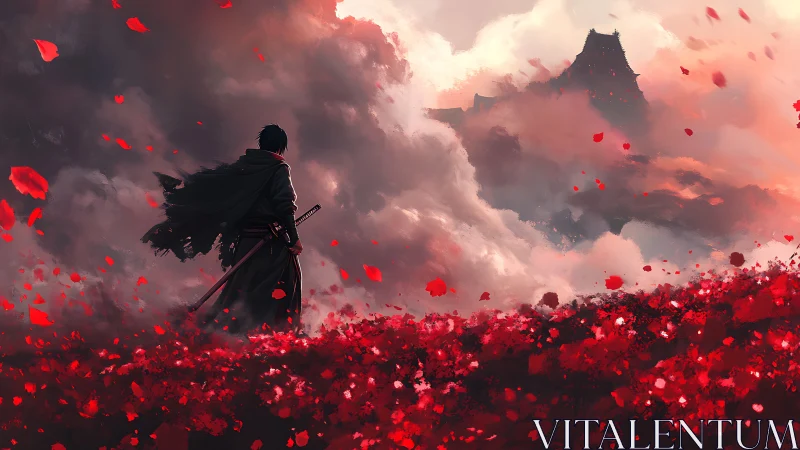Lone swordsman faces distant fortress amid crimson storm