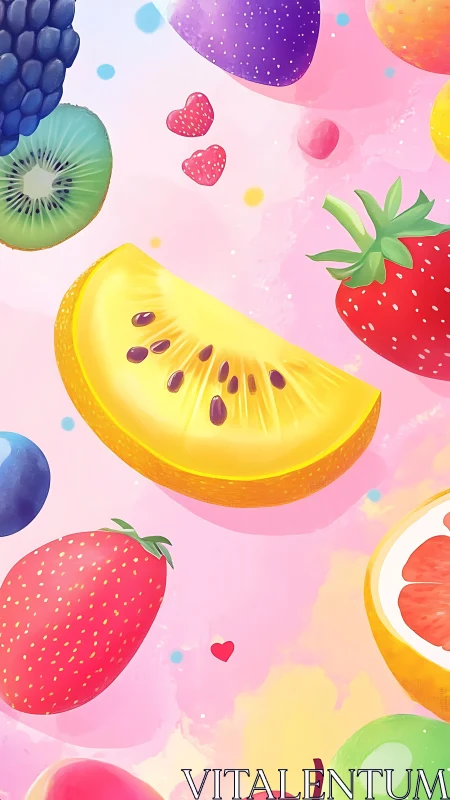 Digital painting of floating citrus and berries on pastel field.