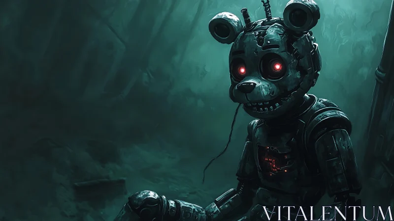 Rust-bitten robot bear brooding in neon-drowned forest night.