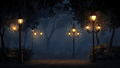 Golden lamplight softly illuminates a misty midnight park path