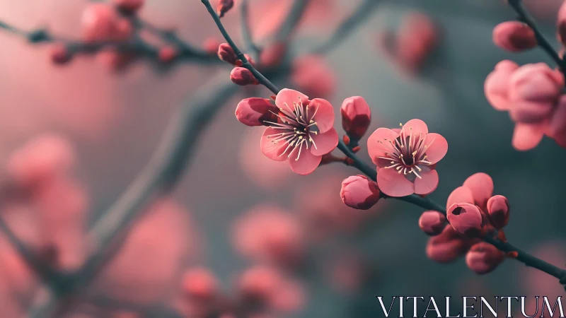Pink flower blossoms with dark branches against soft gradient backdrop