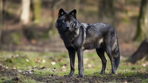 Black-coated wolf standing in a forest clearing in daylight.