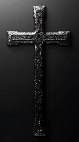 Black textured metal cross on minimal dark background.