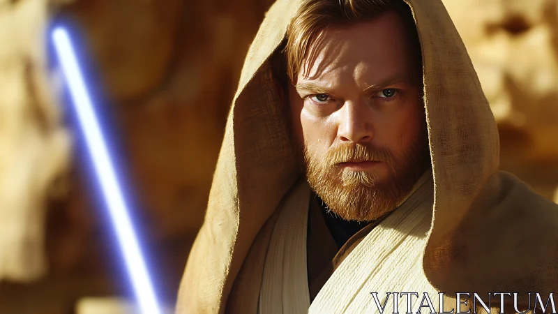 Hooded space warrior with blue energy sword in desert light