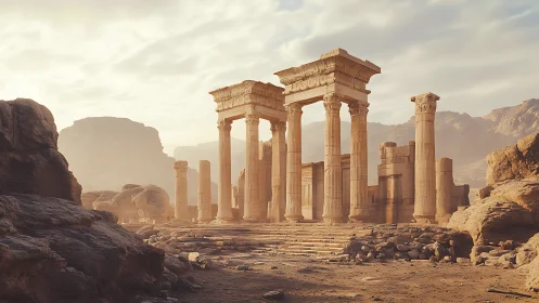 Stone colonnade stands amid rocky desert ruins at sunrise