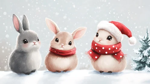 Snowy bunny trio in festive red scarves and Santa hat magic.