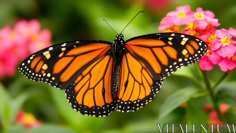 Monarch butterfly resting softly among bright garden blooms.