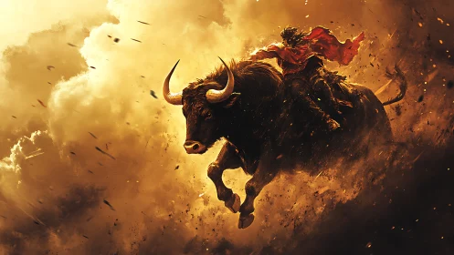 Rider and blazing bull charging through a storm of light.