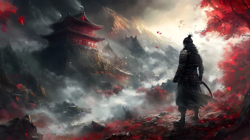 Lone samurai overlooks stormlit temple in crimson valley.
