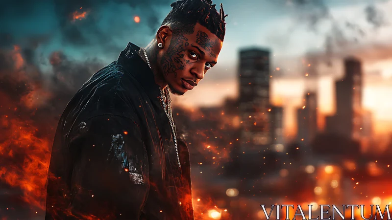 Tattooed man in dark jacket before blurred city skyline.