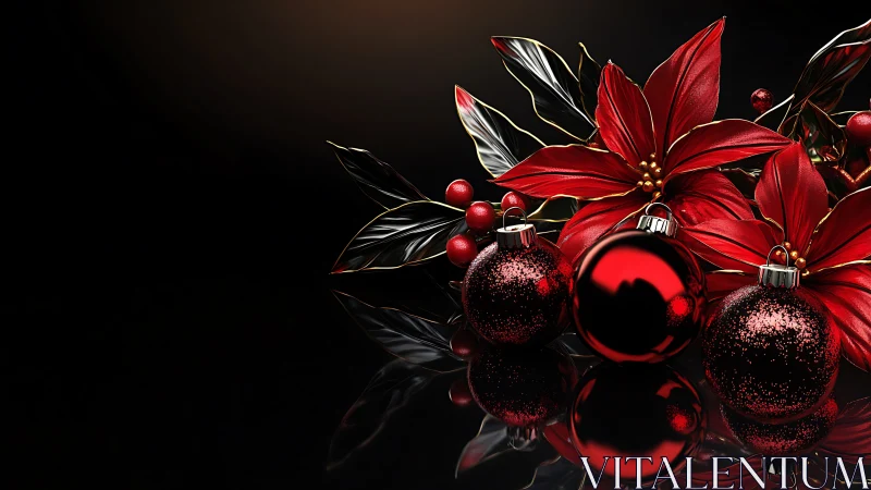 Red ornaments and poinsettias on reflective black surface.